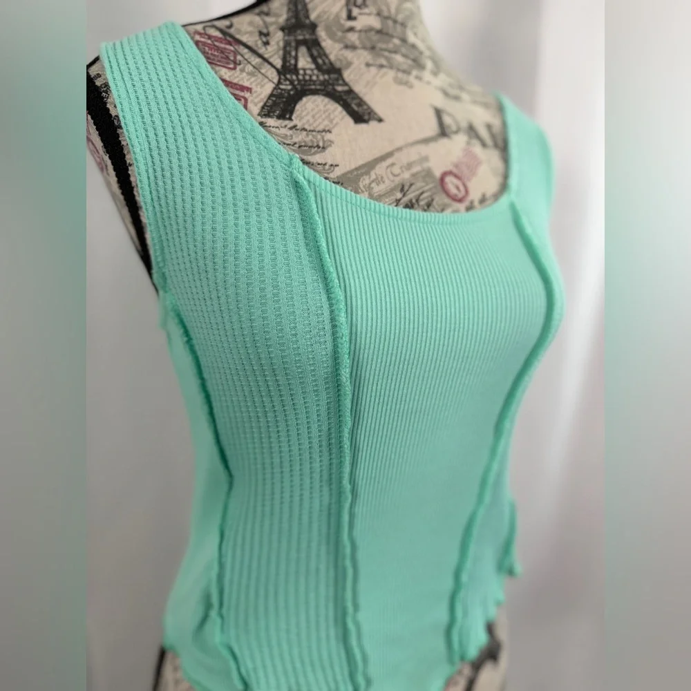 FITZ + EDDI Mint Green Ribbed Cotton Crop Tank Top Size S | Raw Edge Boho
